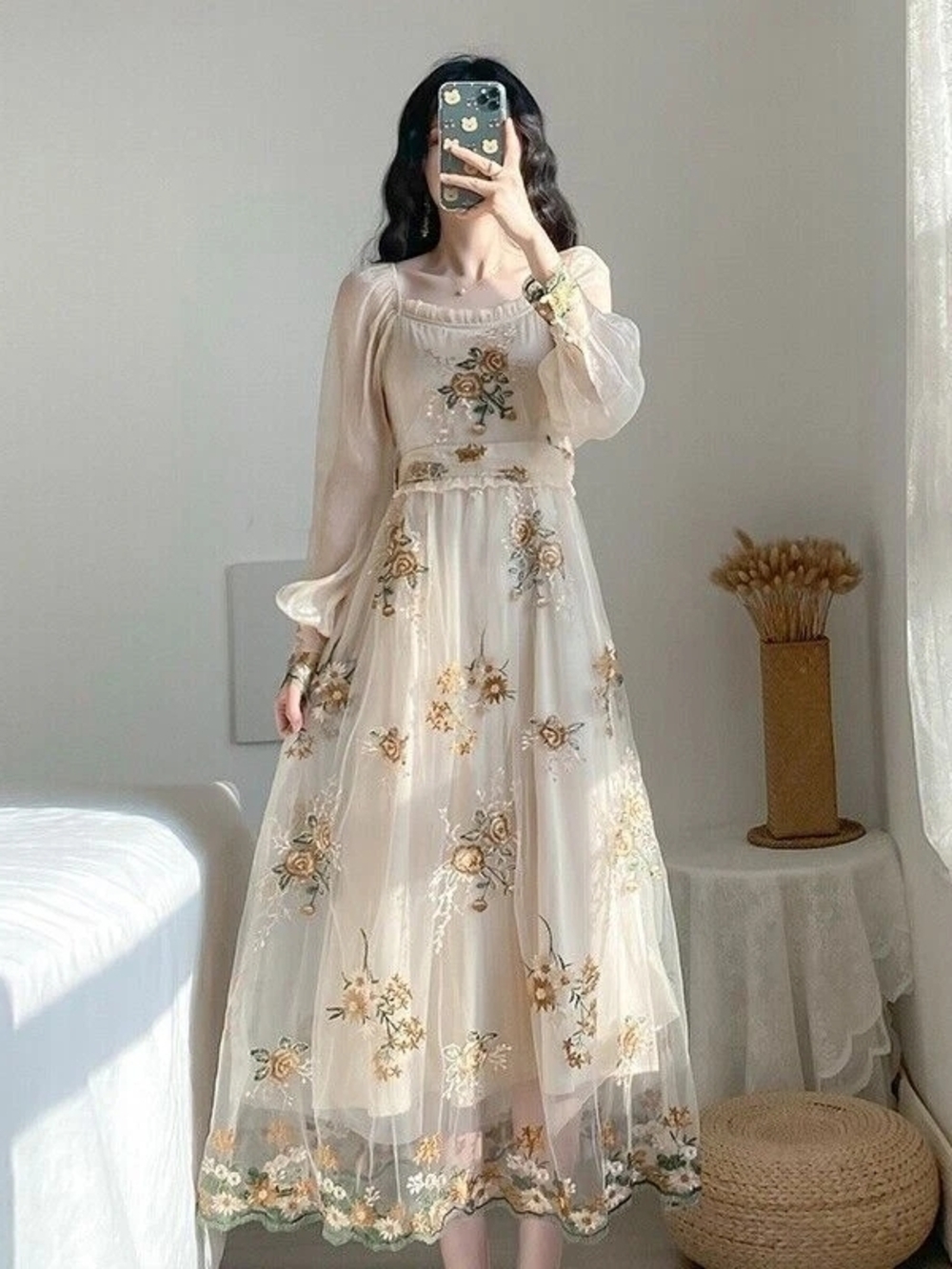 Elegant Ivory Floral Embroidered Long Sleeve Maxi Dress